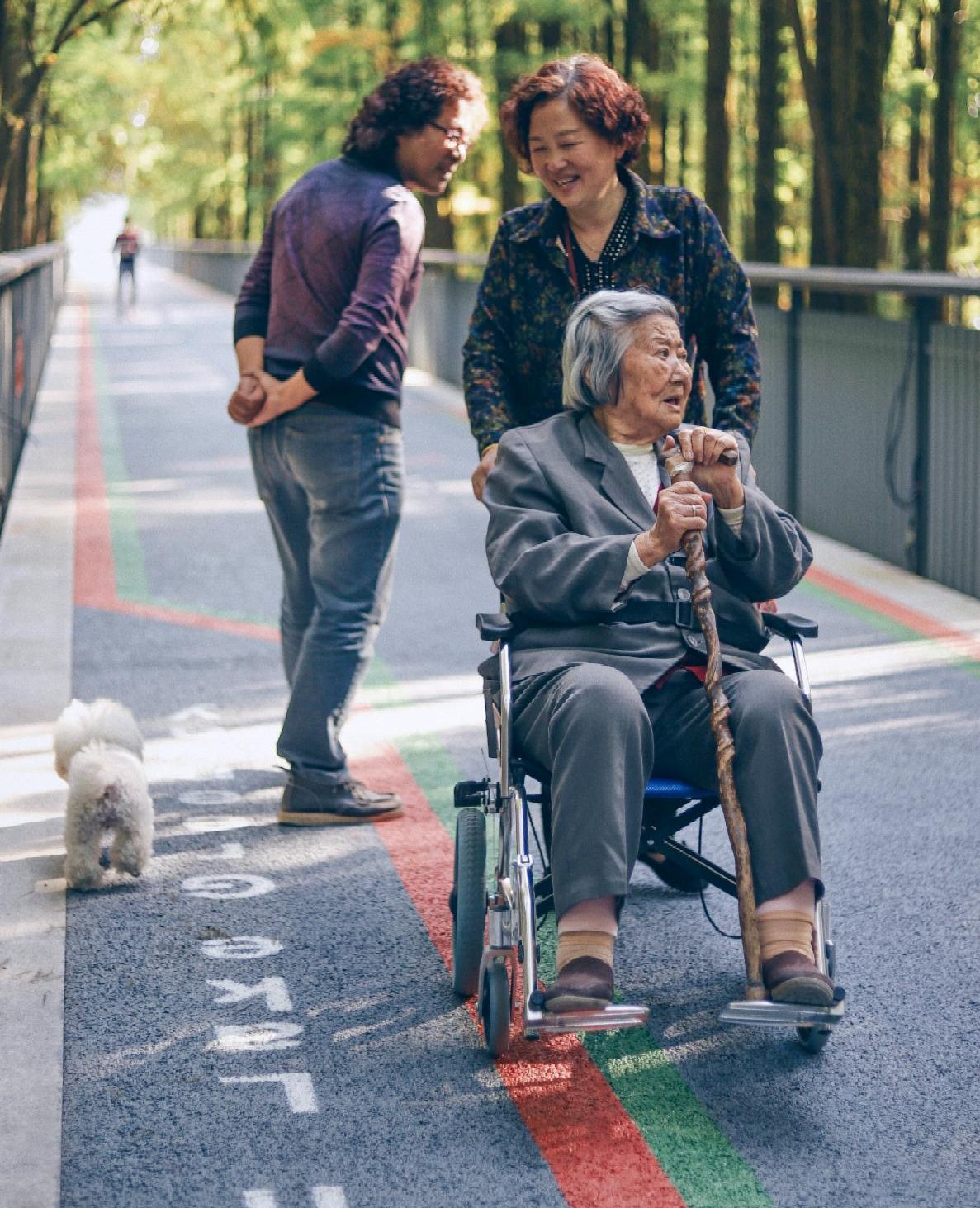 two adults behind a woman in a wheelchair discussing her incapacity